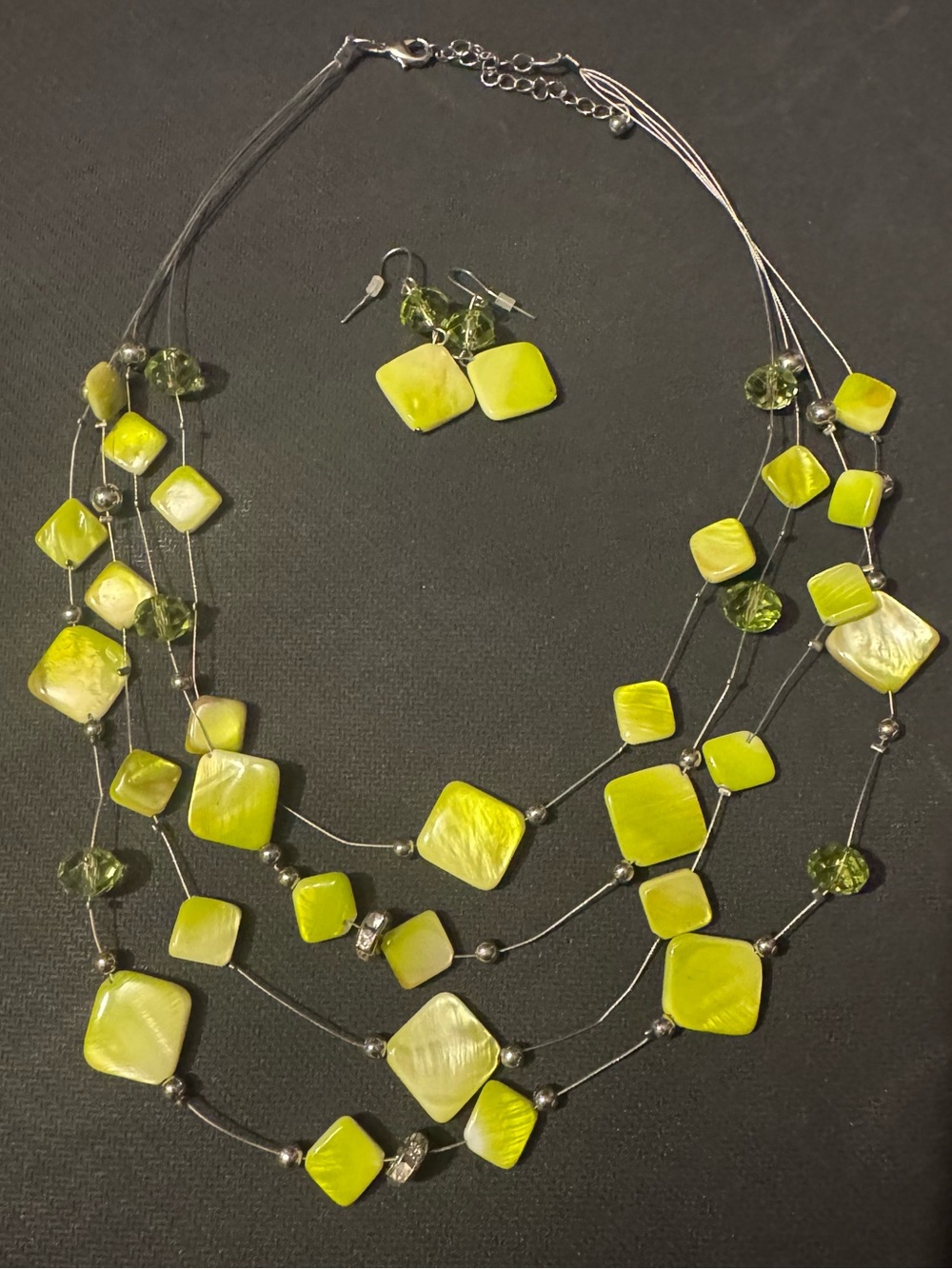 Croft & Barrow Lime Green Multi-Strand Silver Tone Necklace & Matching Earrings